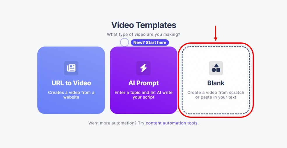 Selecting the Blank template option in AI Video Marketing Automator.