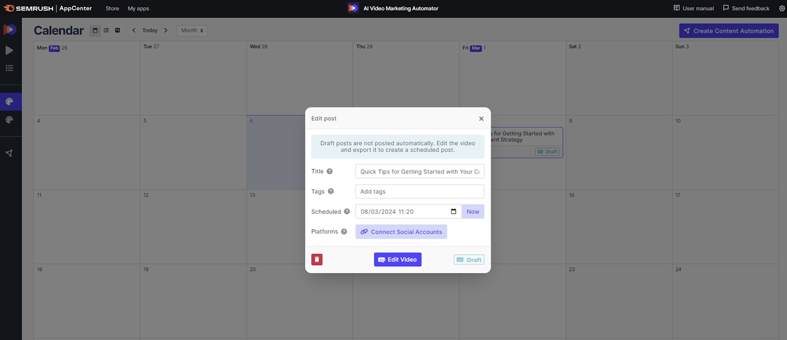Scheduling your videos for publication on social media platforms in AI Video Marketing Automator.