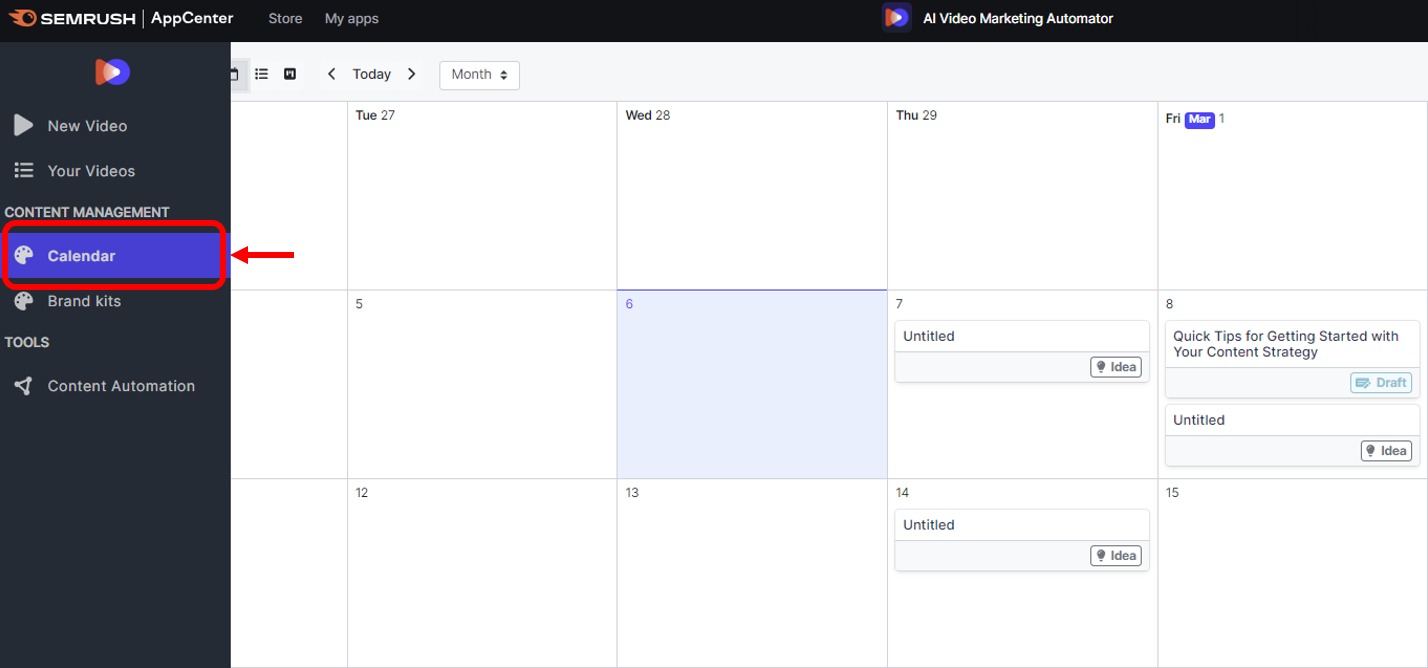 Navigating to the Content Calendar feature in AI Video Marketing Automator.