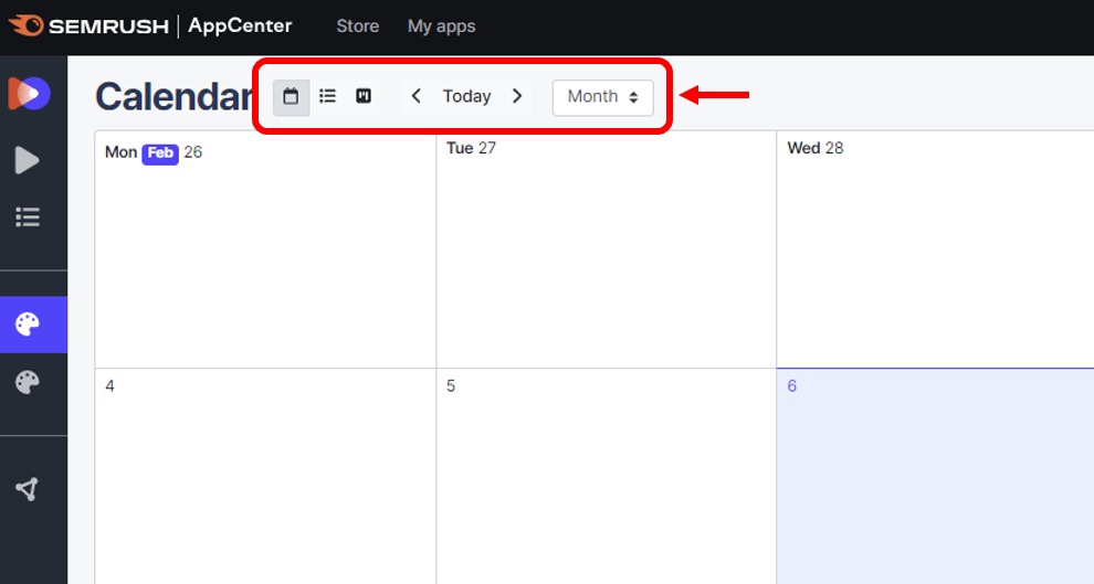 Where to scroll through views and dates in AI Video Marketing Automator’s Content Calendar.