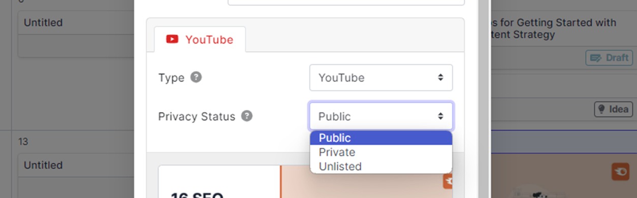 Setting the privacy status of a YouTube video before publishing in the Content Calendar