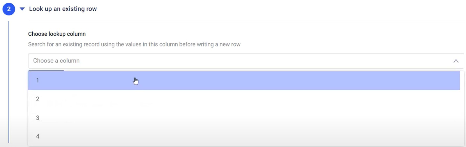 Choosing columns within an existing spreadsheet linked to your Google account.