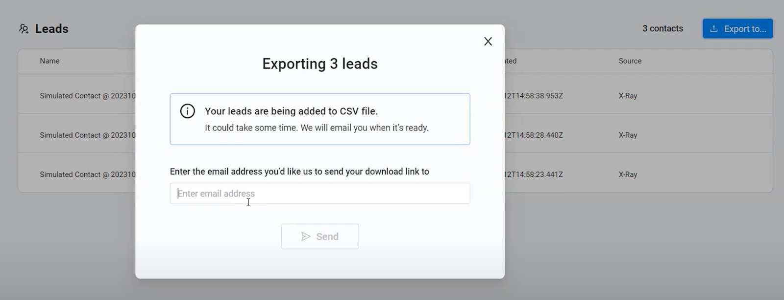 Exporting the leads generated by the X-Ray app.