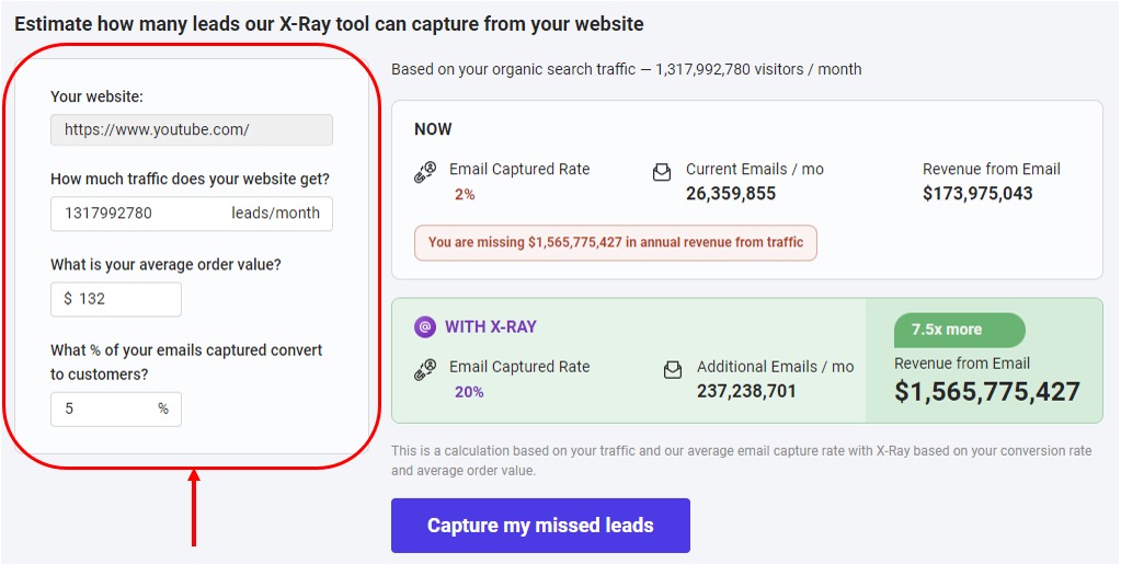 Inputting manual details to estimate how many leads X-Ray can capture from your website.