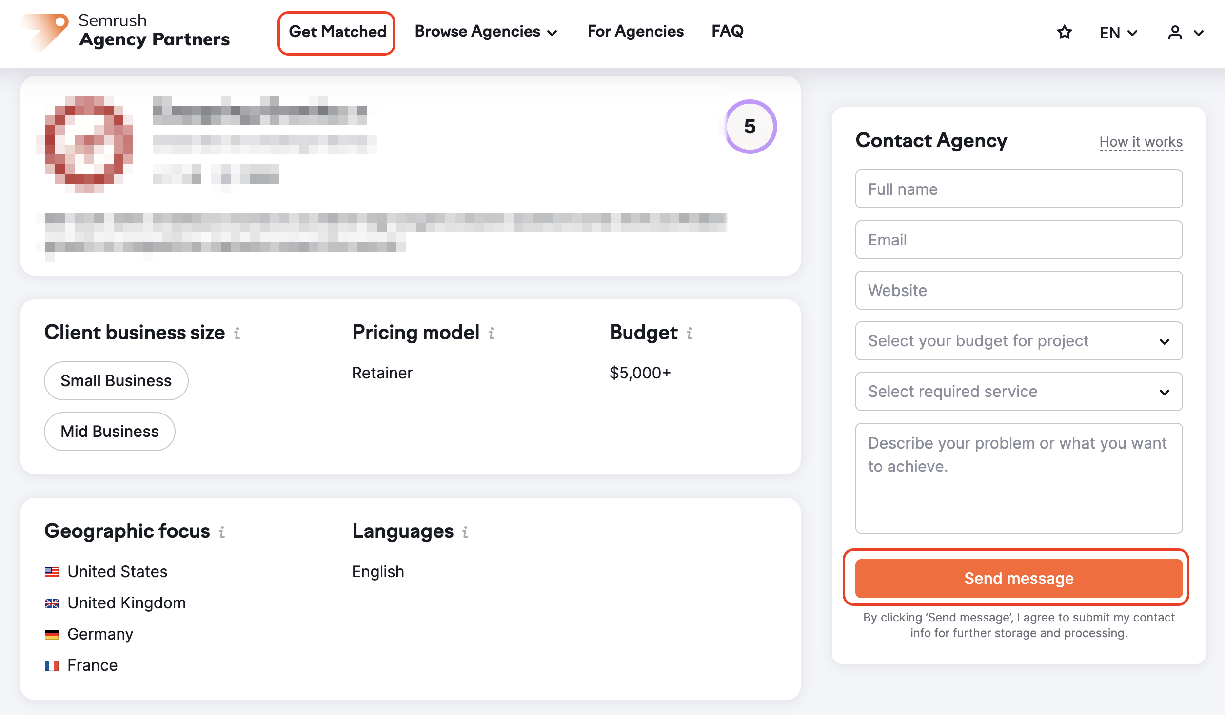 An example of the Agency's profile with the Get Matched button at the top of the page and the Send message button in the Contact Agency form. The buttons are highlighted with red rectangles. 
