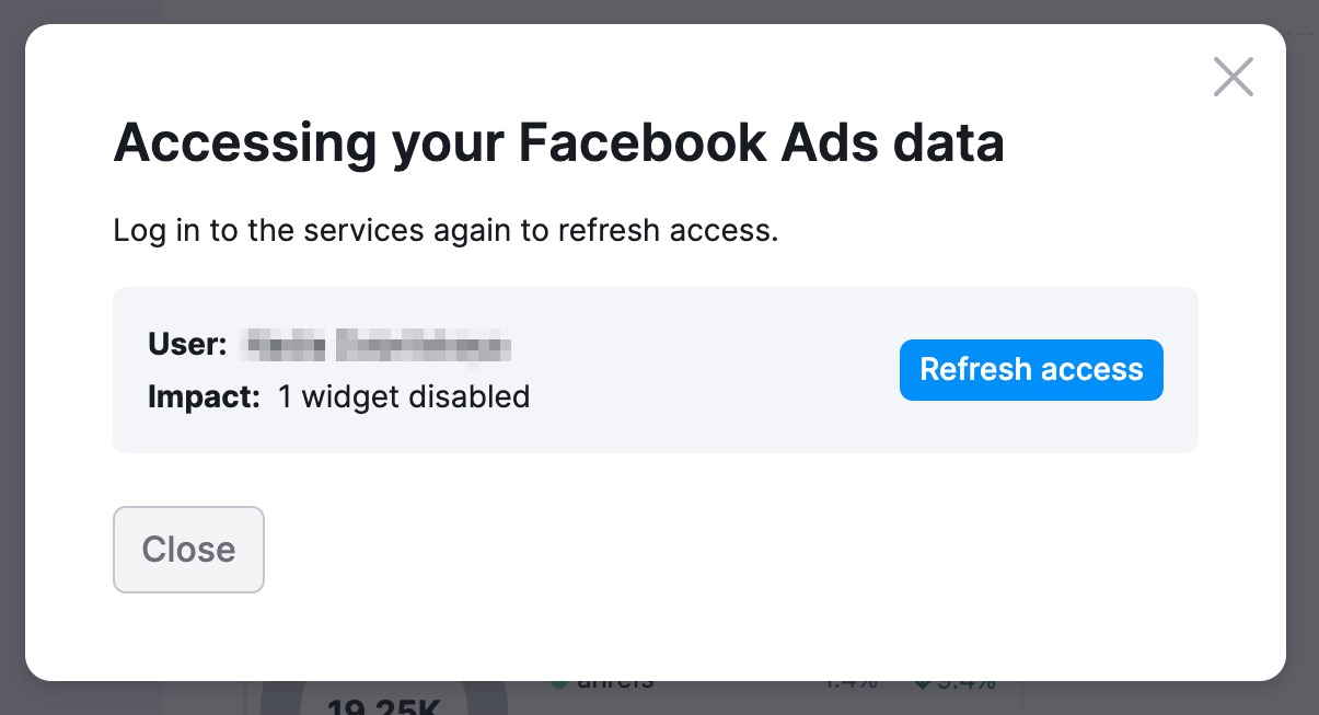 A pop-up window with the Refresh access button for Facebook Ads.