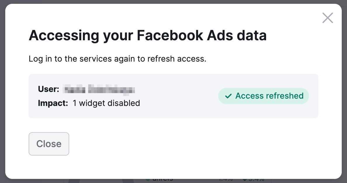 A pop-up window with the Access refreshed button for Facebook Ads.