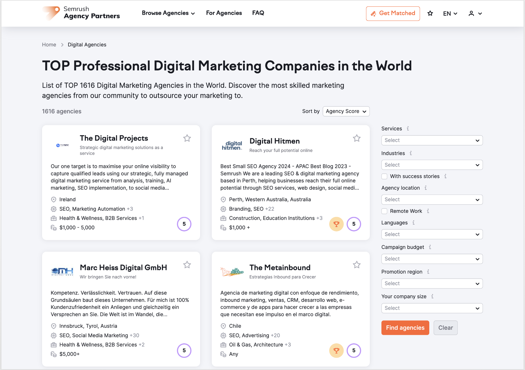 A list of top digital agencies on the Agency Partners Platform.