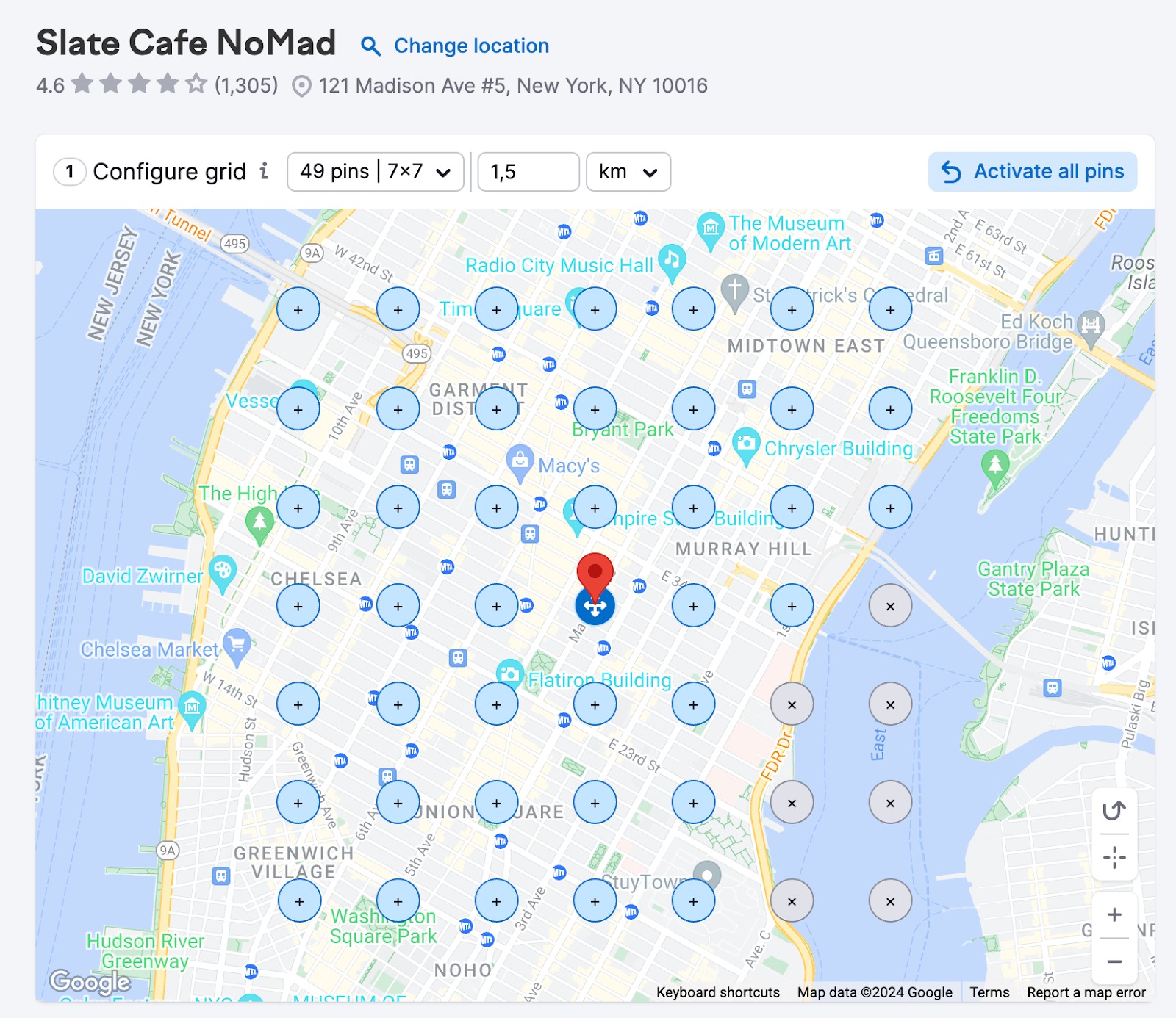 La mappa mostra una griglia di pin che possono essere disabilitati cliccandoci sopra.