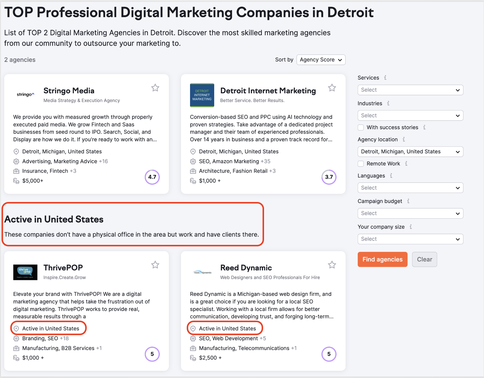 A list of Digital Agencies located in Detroit including those that don't have office but have clients in the United States. They are listed after the 'Active in United States' title (highlighted with a red rectangle).