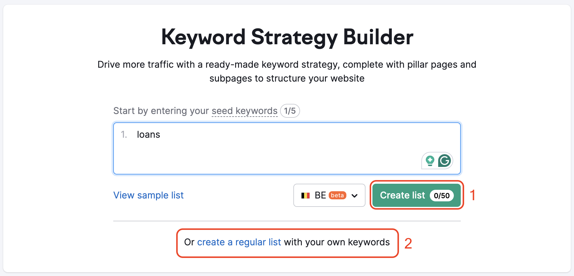 Keyword Strategy Builder landing page with red rectangles highlighting the Create list button that creates a clustered list, and a Create a regular list button below. 