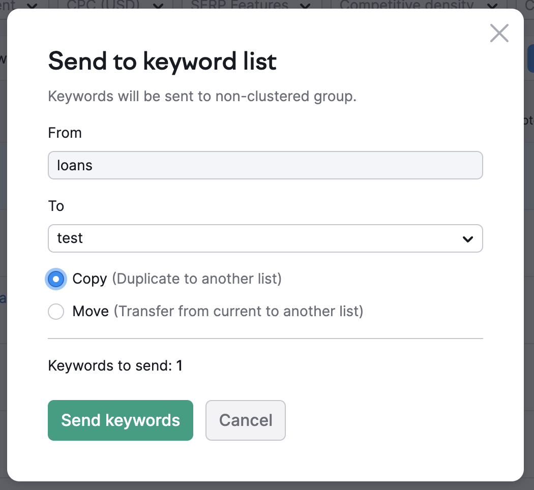 An example of a Send to keyword list pop-up with a red rectangle highlighting the Copy and Move options. 
