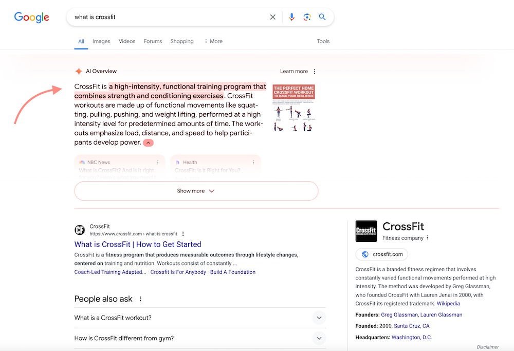 Google Search results page for a 'what is crossfit' search query. A red arrow is pointing towards the AI Overview SERP feature on top of search results that answers the posed question