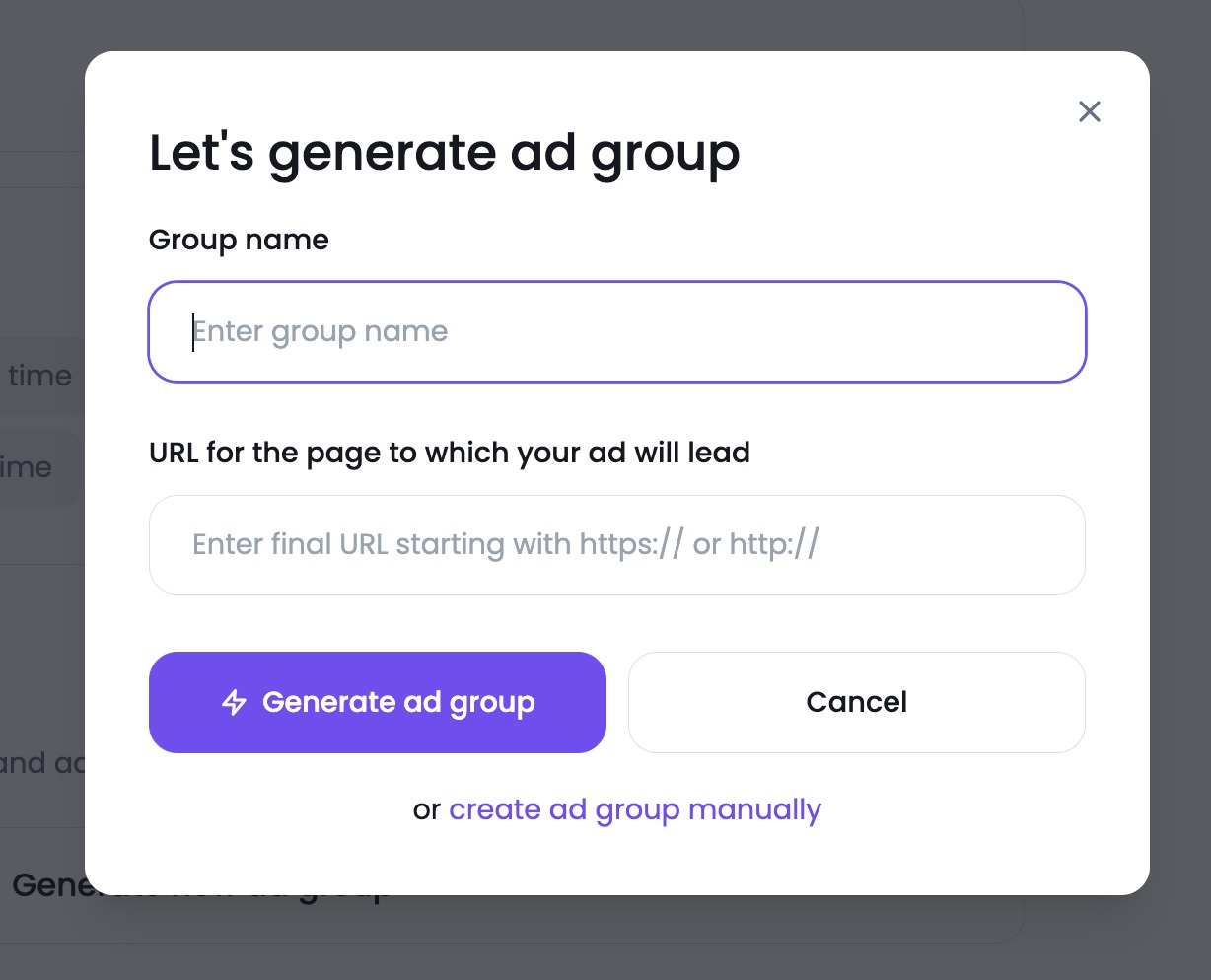 An example of the Let's generate ad group pop-up window.