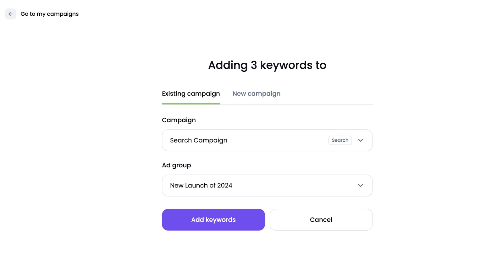 An example of adding keywords to an Existing campaign in the Ads Launch Assistant app..