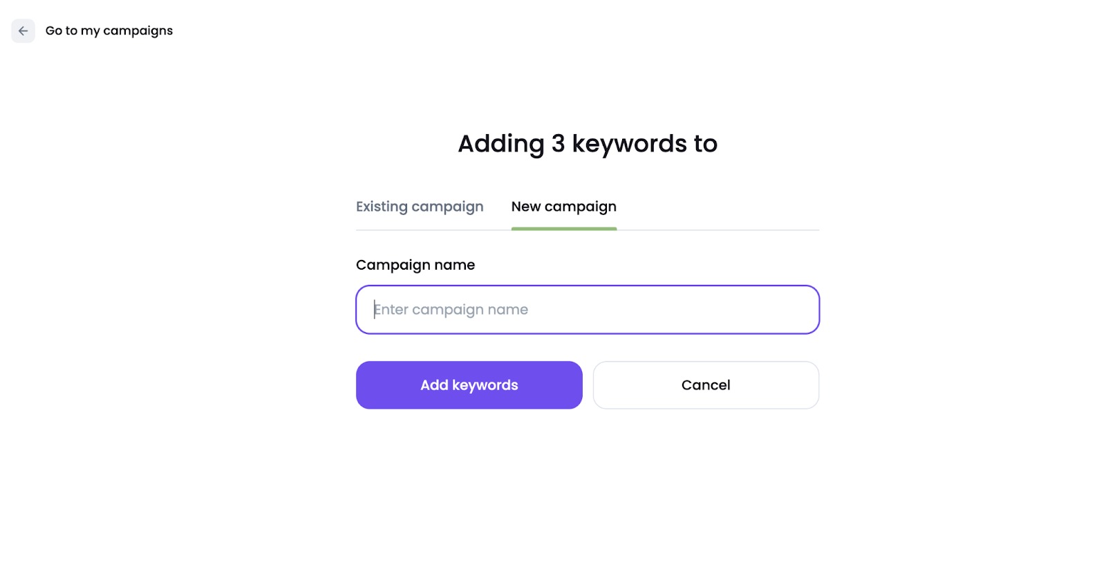 An example of adding keywords to a new campaign in the Ads Launch Assistant app..