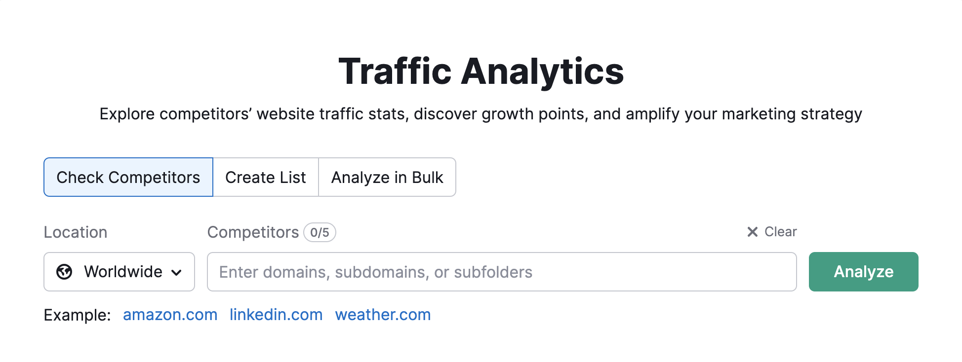 Página inicial do Traffic Analytics na Semrush. Mostrando onde digitar o domínio do concorrente e selecionar o local. 