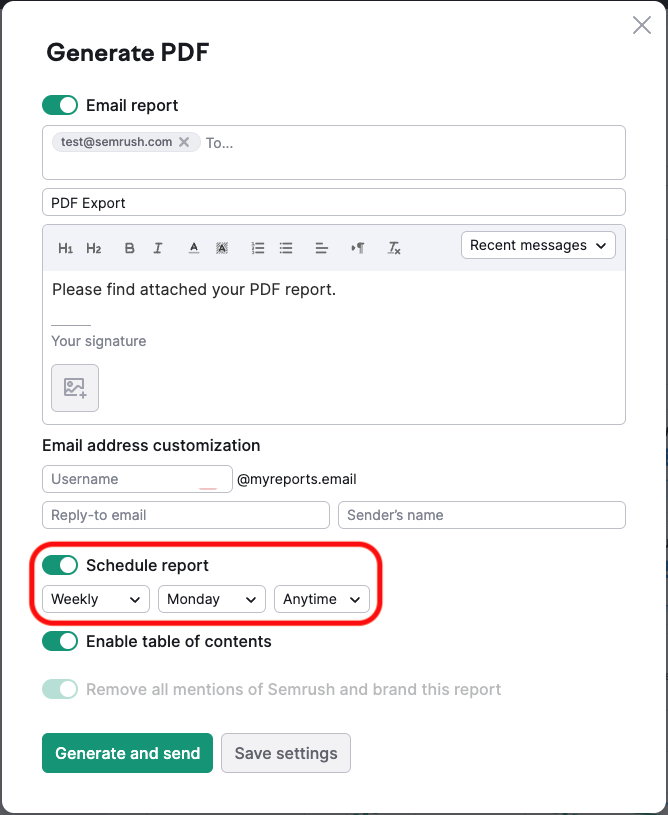 The generate PDF report settings with the schedule report section highlighted. 