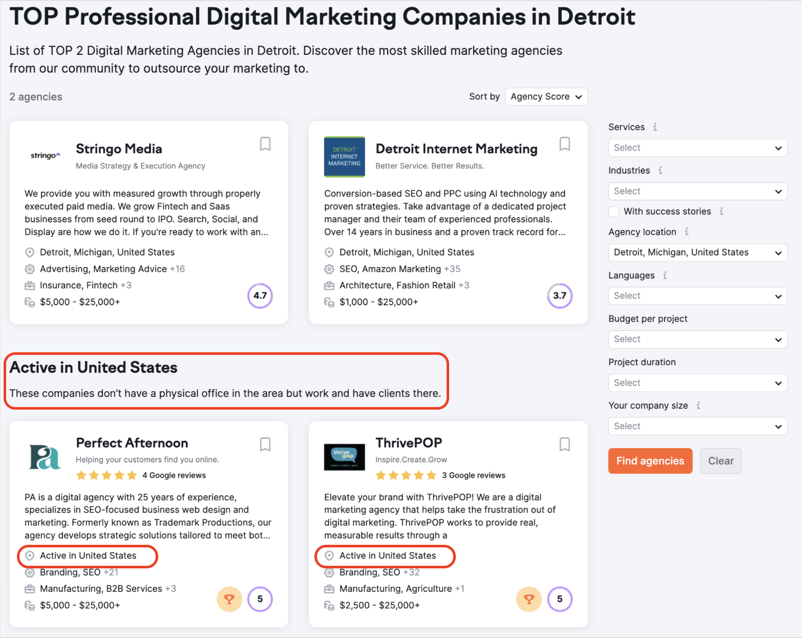 A list of Digital Agencies located in Detroit including those that don't have office but have clients in the United States. They are listed after the 'Active in United States' title (highlighted with a red rectangle).