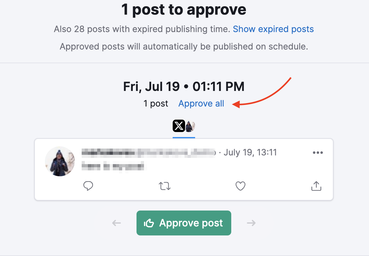 A red arrow is pointing to the Approve all button on the posts approval page.
