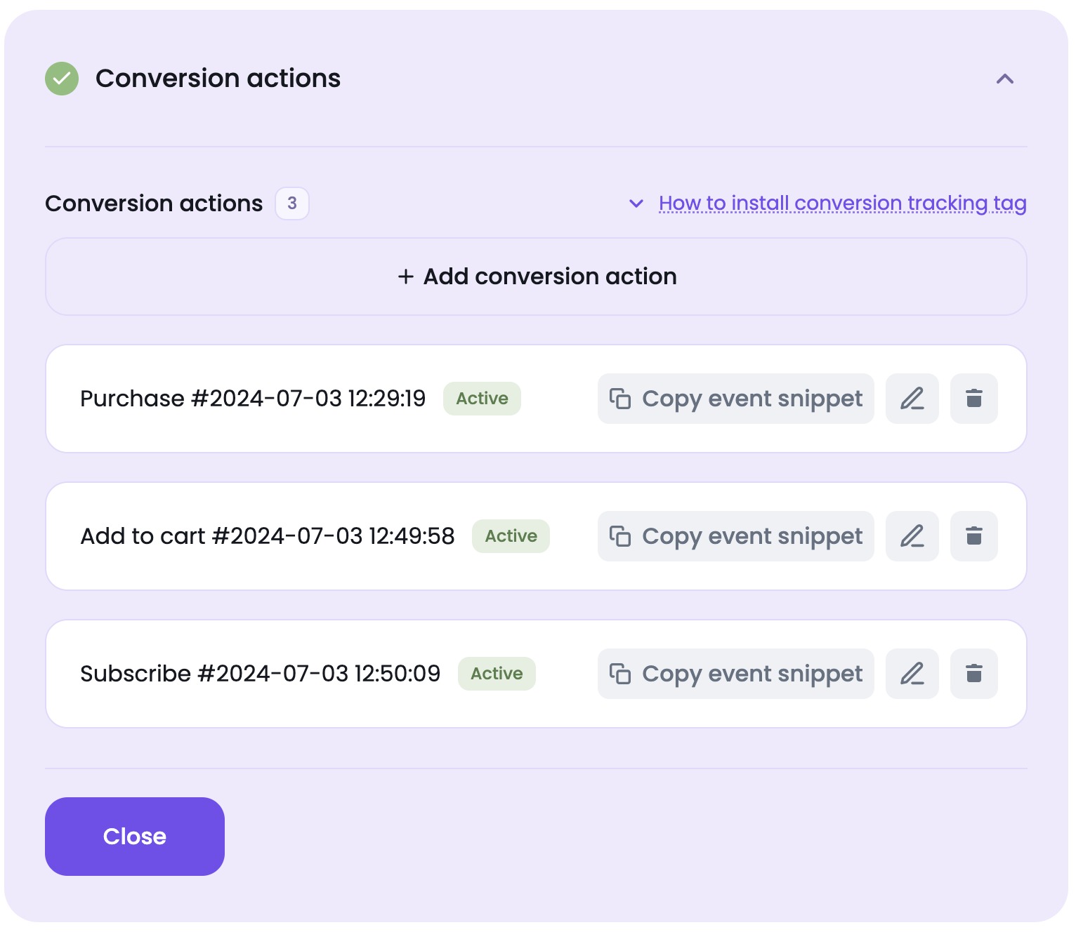 An example of the conversions actions section in a Search Campaign setup process.