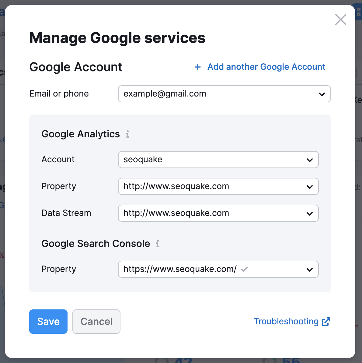 Google Analytics connection wizard with a red arrow pointing to the Folder icon next to the GA4 property. 