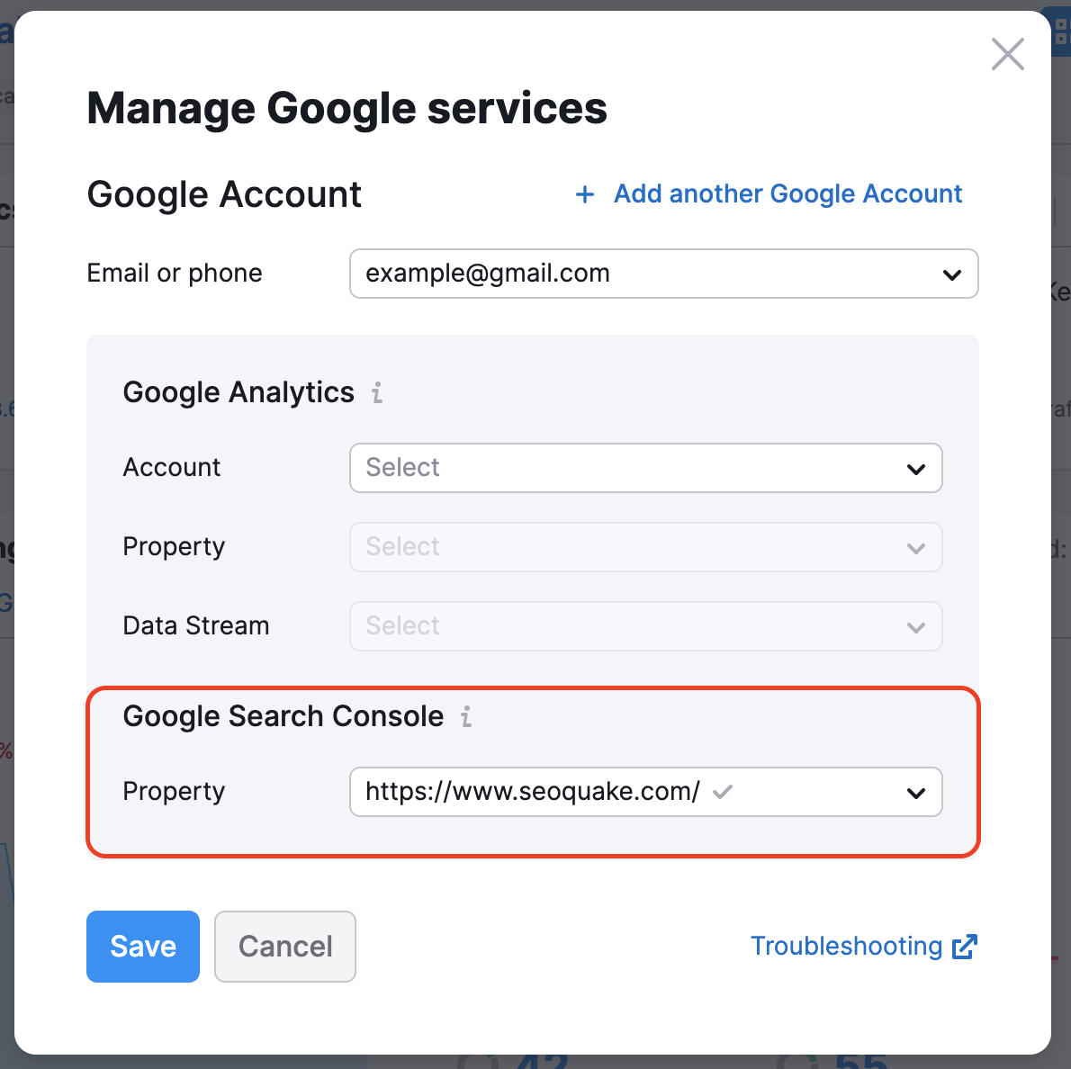 Google Accounts connection wizard with a red rectangle highlighting the Google Search Console property. 