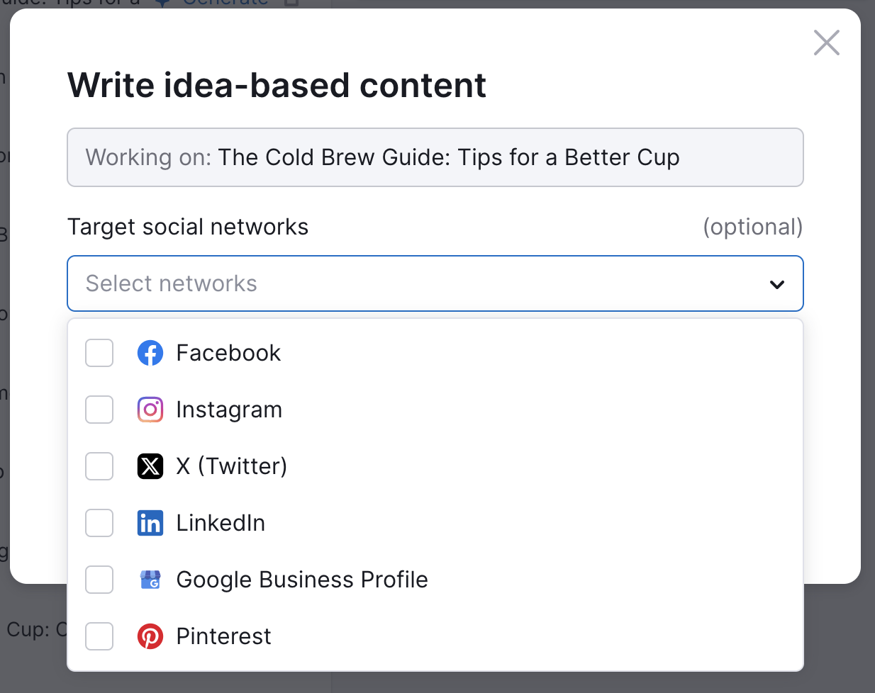 Target social networks options in the drop-down.