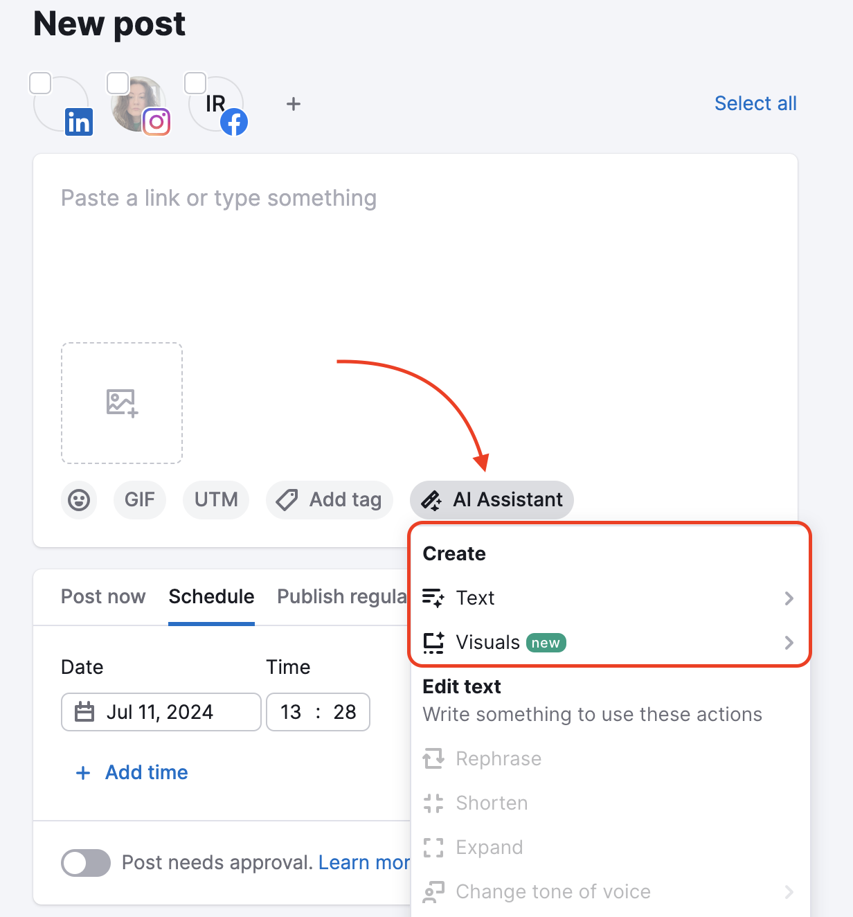 Post editor with a red arrow pointing to the AI Assistant button and the drop-down with options. The Create section is highlighted in the drop-down. 