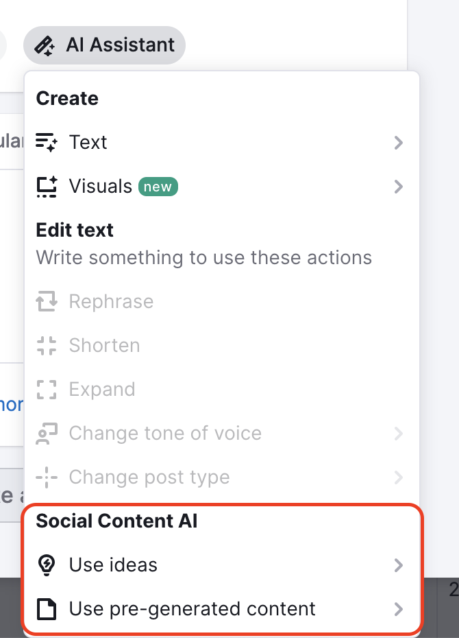 Post editor with the AI Assistant drop-down with. The Social Content AI section is highlighted. 