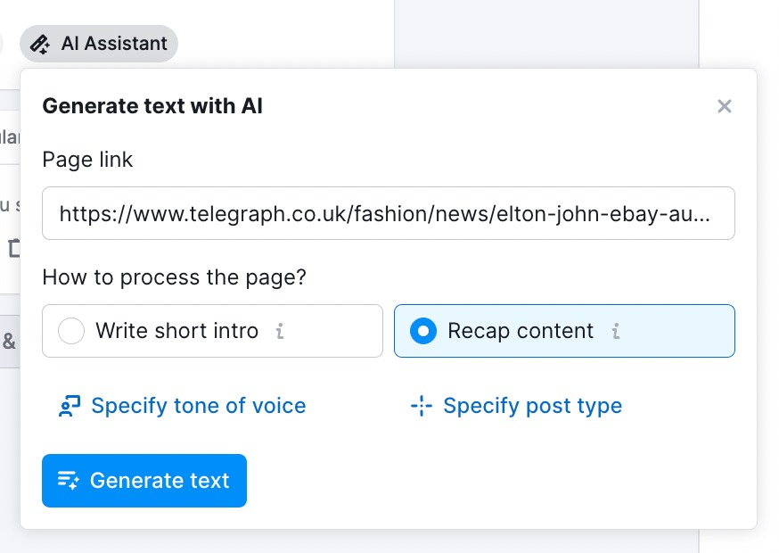 The Generate text with AI window where you need to add a link to Page link field.