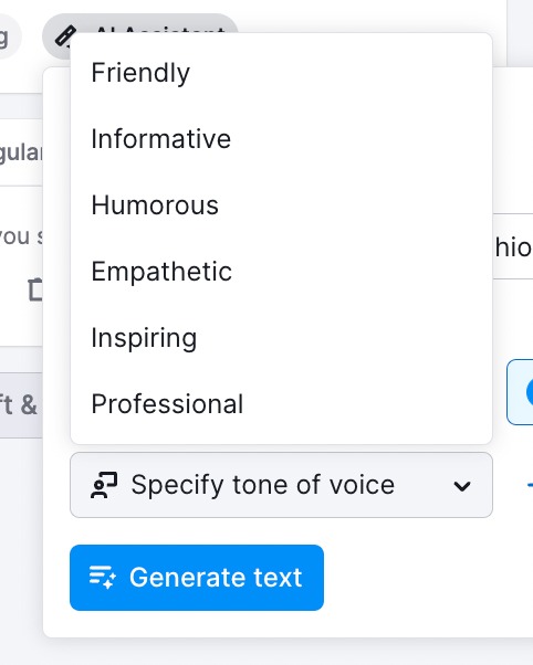 The Specify tone of voice drop-down with options: friendly, informative, humorous, etc. 