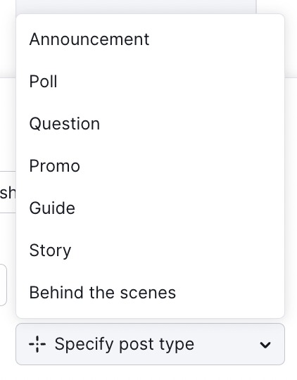 The Specify post type drop-down with options: announcement, poll, question, etc. 