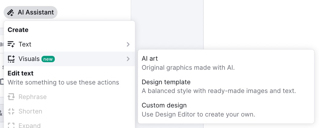 If you click Visuals, three additional options appear: AI art, Design template, and Custom design.