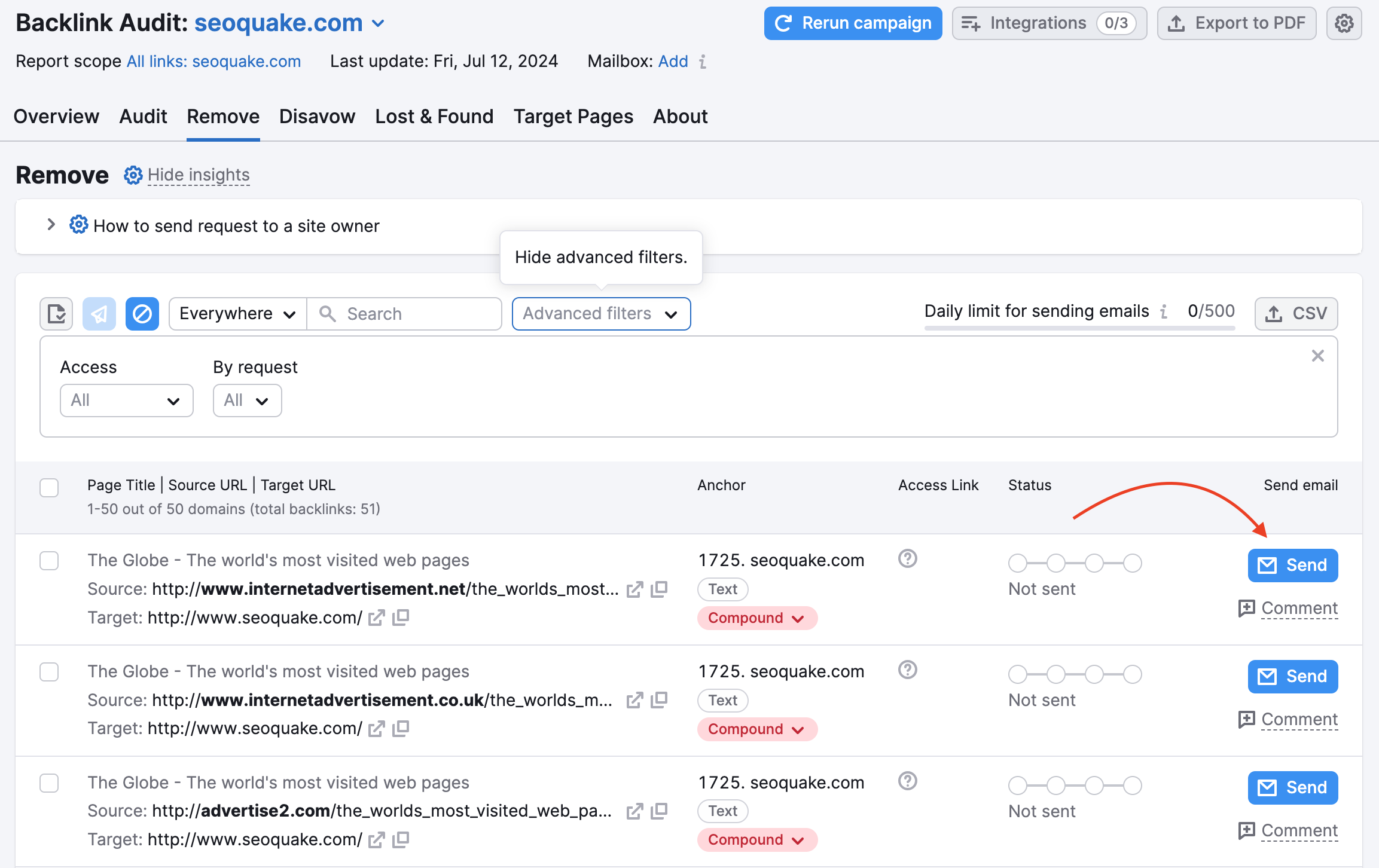 The Remove report in Backlink Audit: a red arrow is pointing to the Send button.