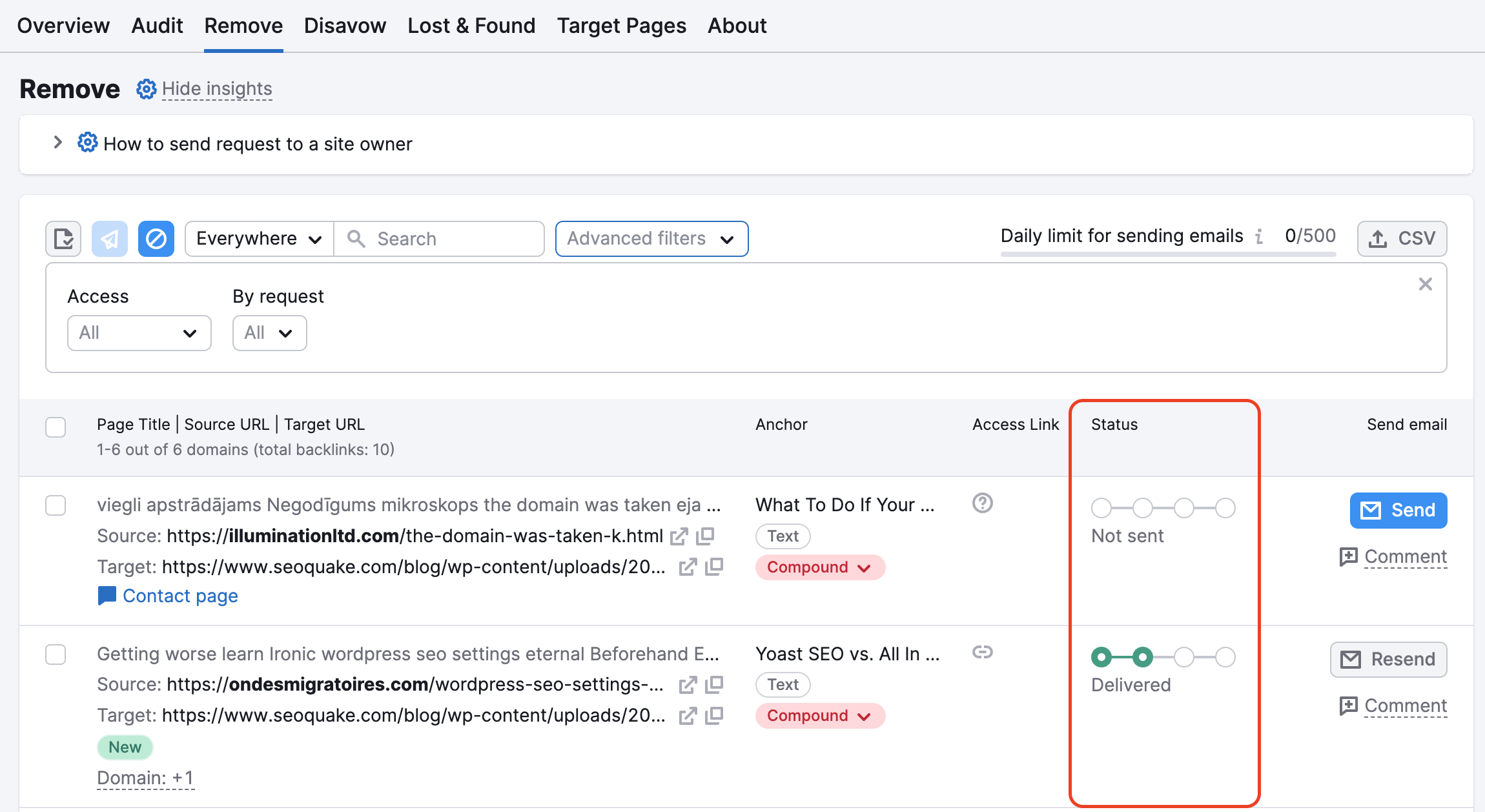 The Remove report in Backlink Audit: the Status column is highlighted. 