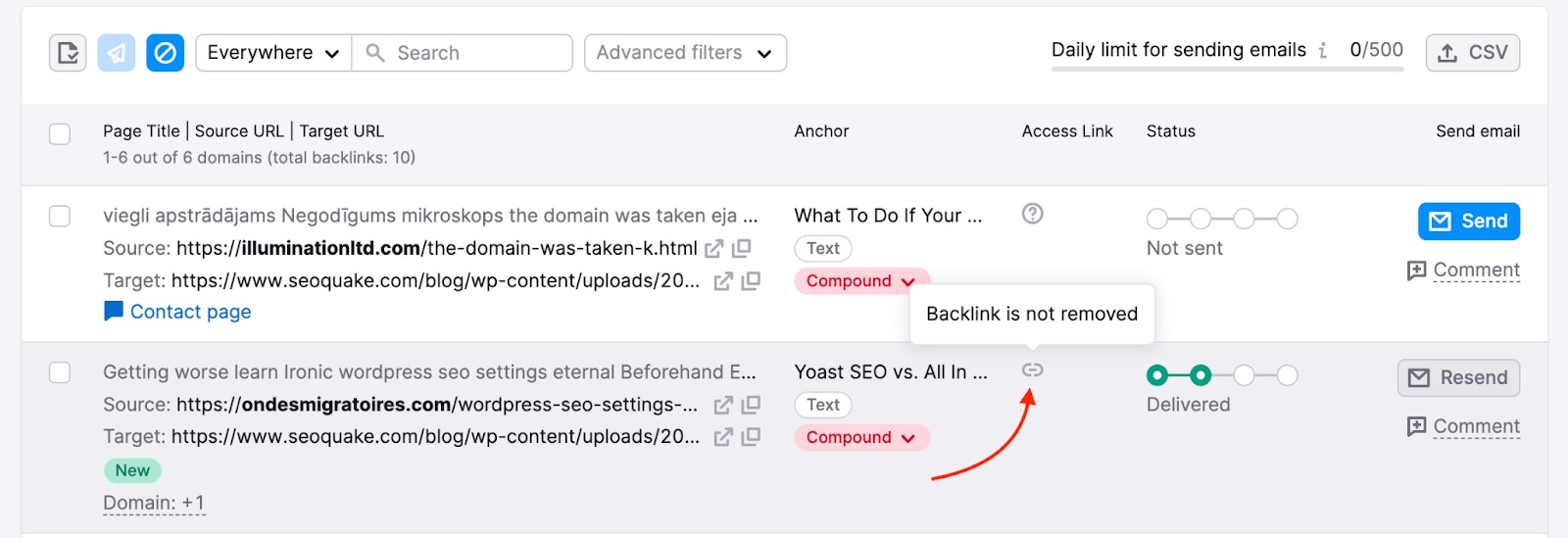 The Remove report in Backlink Audit: a red arrow is pointing to the symbol in the Access Link column and the pop-up says 'Backlink is not removed'.