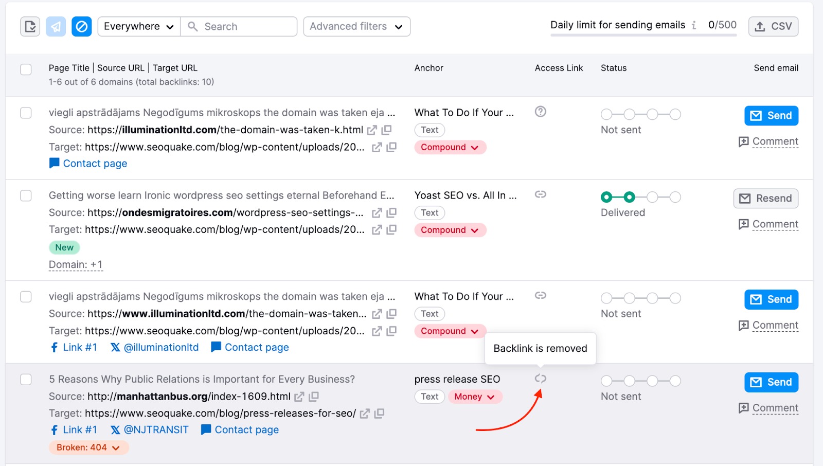 The Remove report in Backlink Audit: a red arrow is pointing to the symbol in the Access Link column and the pop-up says 'Backlink is removed'.