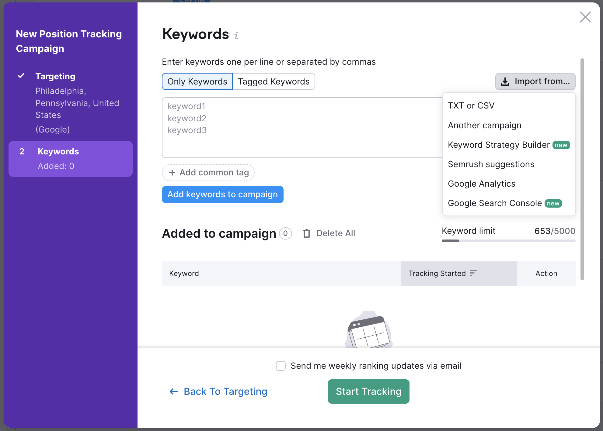 Das Konfigurationsfenster von Position Tracking, Abschnitt „Keywords“, zeigt eine Dropdown-Liste, die erscheint, nachdem Sie oben rechts auf die Schaltfläche „Importieren aus“ geklickt haben.