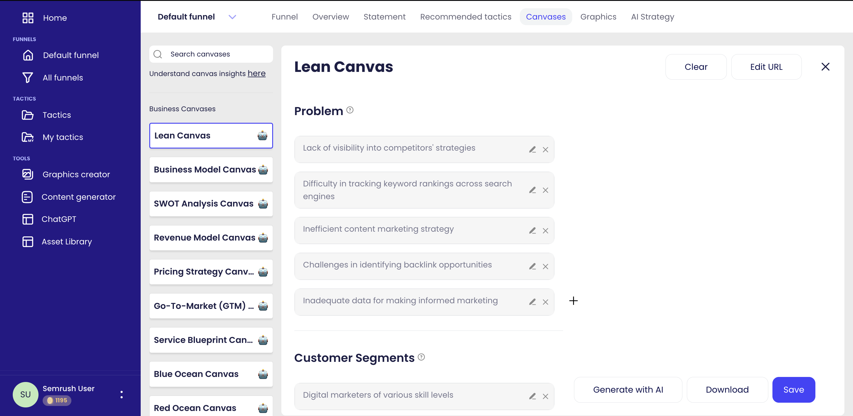 View of the canvas tab on the AI Marketing Strategy app. The left-hand side of the screen shows a list of types of canvases. The main screen the title of the selected canvas, and underneath a list of business problems to be solved. 