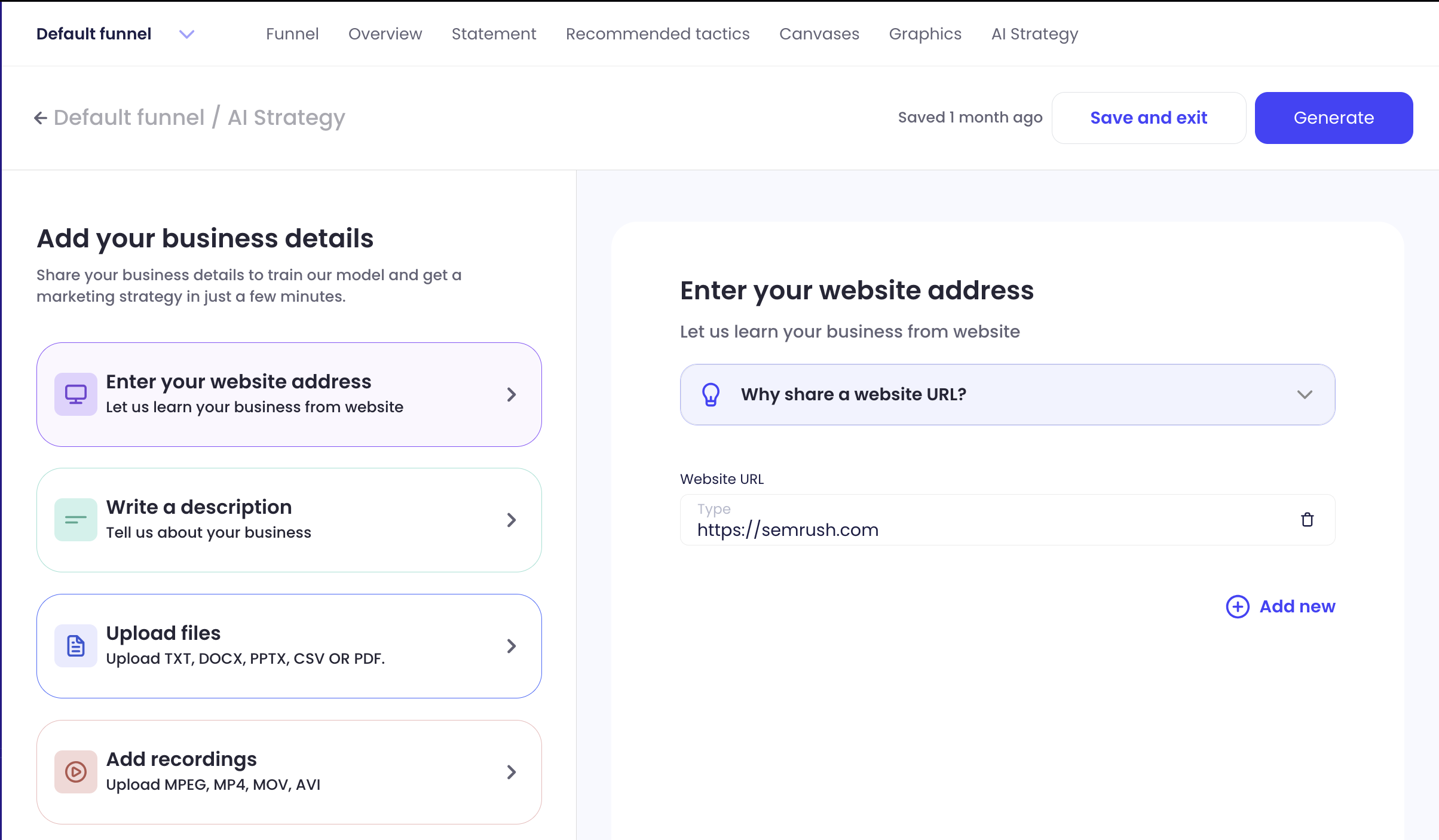 Overview of the section to add your business details to the AI Marketing Strategy app. The left side of the screen has widgets for sections to enter a website address, write a description, upload files, add recordings, upload content from YouTube, and upload content from Dropbox. The right side of the screen shows the expanded options for each section. 