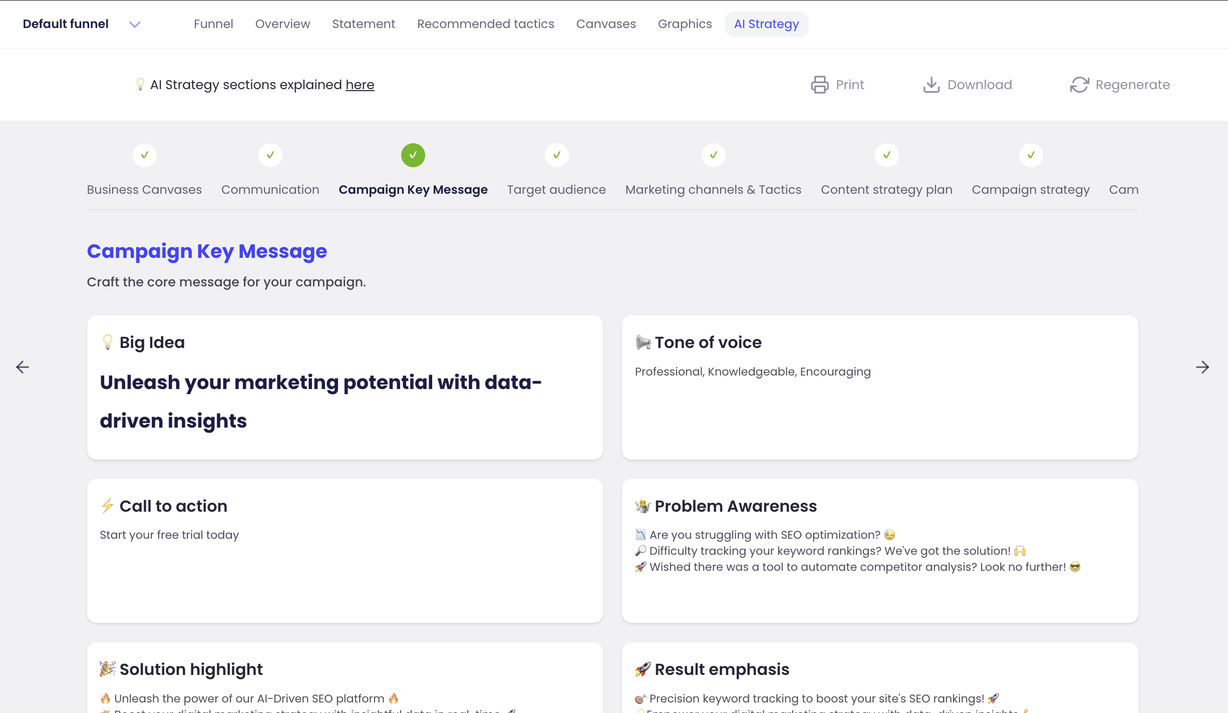 The 'Campaign Key Message' tab of the AI Strategy. Different boxes are displayed, each concentrating on a specific area of communication. Big idea, tone of voice, call to action, problem awareness, solution highlight, and result emphasis are shown, with example copy and guidance provided per box.