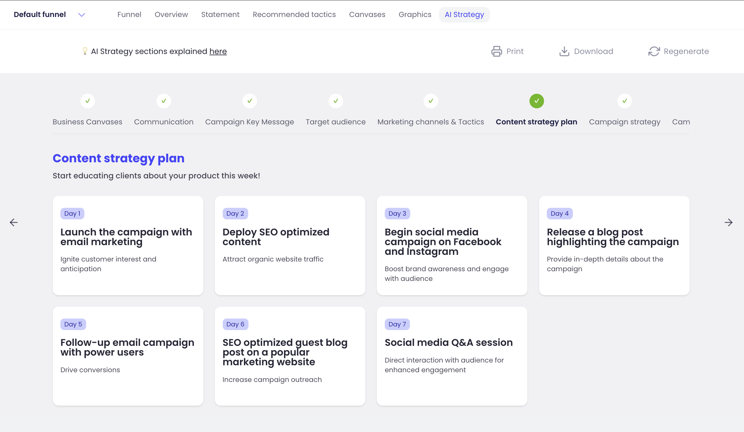 View of the 'Content strategy plan' section of the AI Strategy functionality. Features widgets for different days of the week, specifying content tasks to be done and metrics to track.