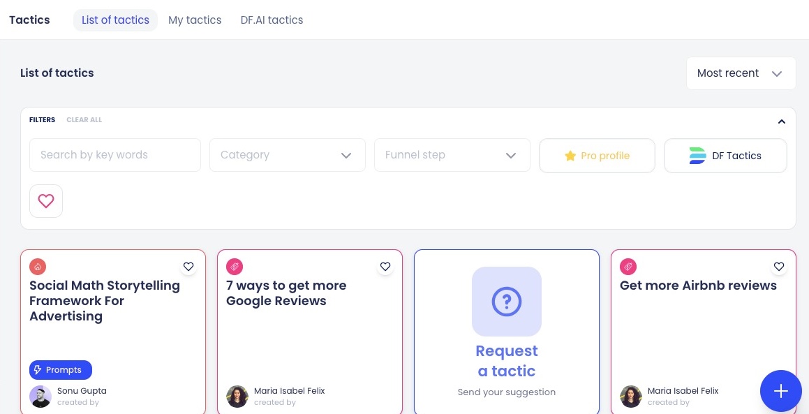 Dashboard showing the list of tactics. Includes a search bar where users can filter by keywords, category, and funnel step. Below is the list of users' saved/created tactics.