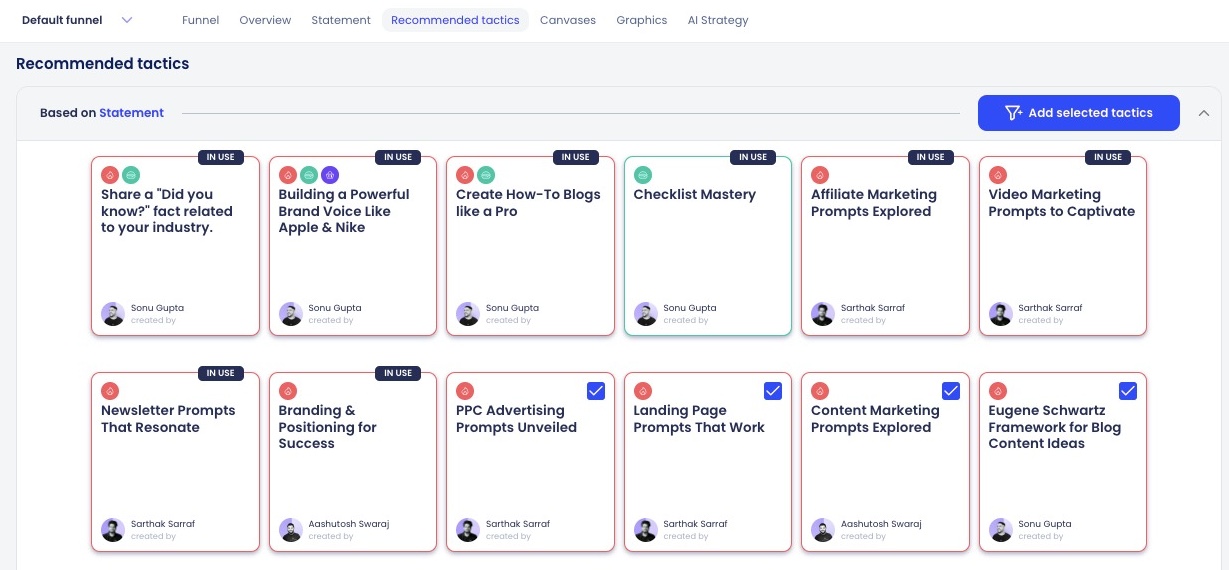 Dashboard of the 'Recommended tactics' tab, showing individual tactics as tessellating cards.