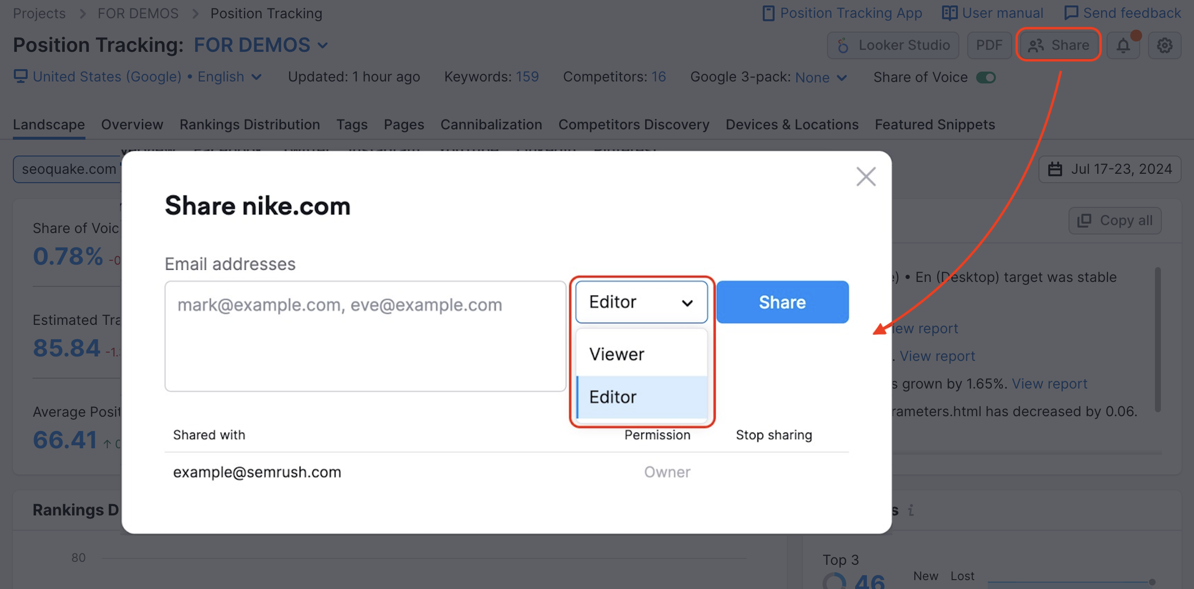 Pop-up screen when sharing a project from Position Tracking that opens after clicking the Share button. The drop-down menu shows viewer and editor options.