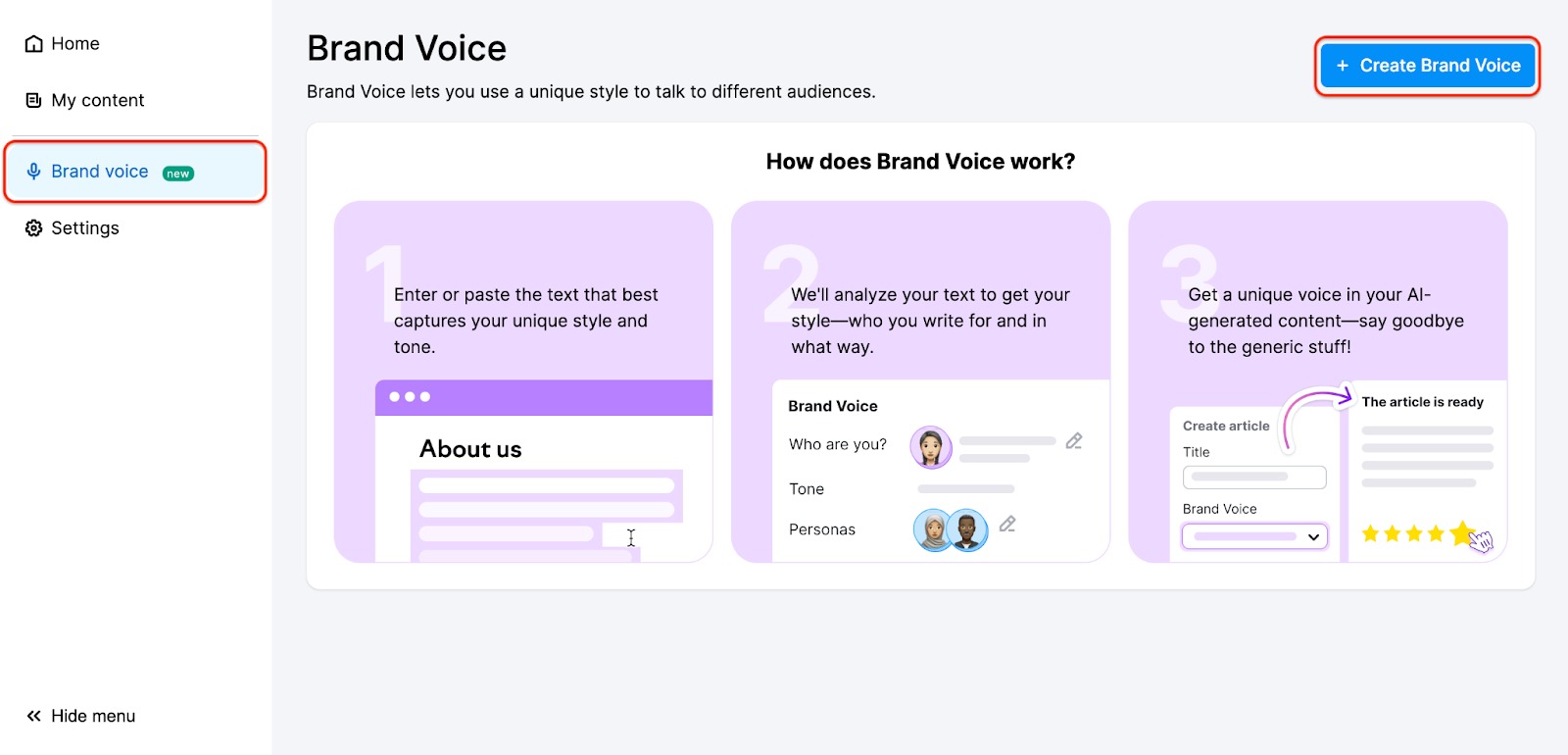 A demonstration of how to navigate to the Brand voice feature. The Brand voice button in the left menu highlighted with red.
