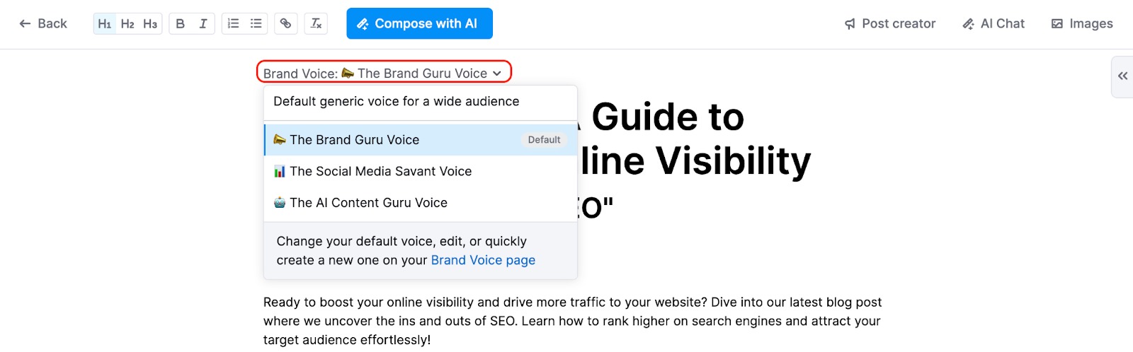 The Brand voice dropdown in the editor highlighted with red.