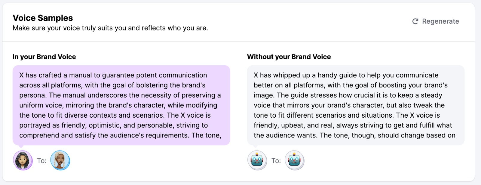 An example of the 'Voice Samples' section in the AI-generated Brand voice.