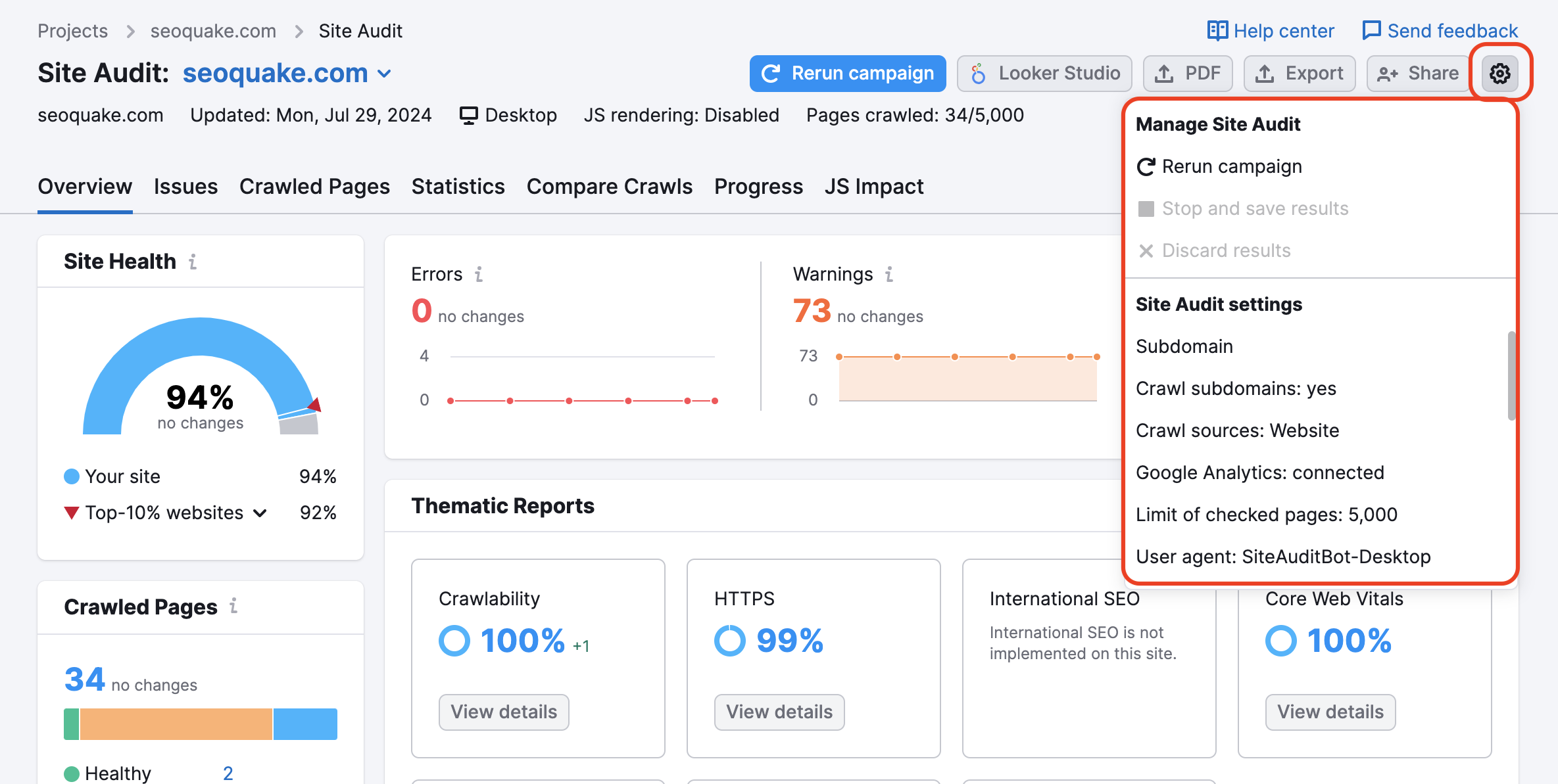 Where to find the settings in Site Audit. 